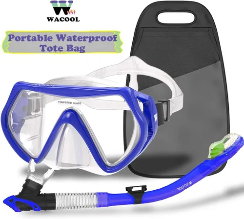 Miniatura 7 de WACOOL Paquete de snorkel para adultos, máscara de buceo de vidrio recubierto antivaho con pieza de boca de silicona, válvula de purga y protector