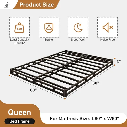 Miniatura 2 de Lutown-Teen Somier de 3 pulgadas de perfil bajo para cama Queen, somier metálico resistente para base de cama Queen con cubierta de tela, base de 3