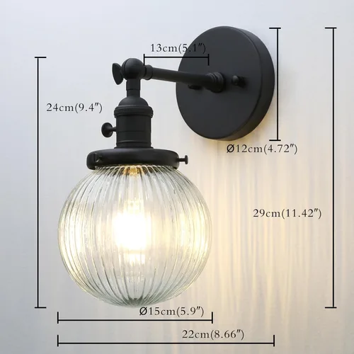 Miniatura 2 de PERMO Aplique de Pared Industrial Vintage Negro Mate Aplique de Pared Individual con Pantalla de Vidrio Acanalado Transparente Redonda de 5.9" Luz
