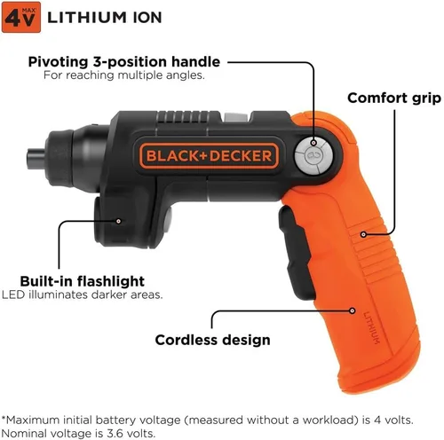 Miniatura 20 de BLACK+DECKER Destornillador inalámbrico con luz LED de 4V MAX, destornillador eléctrico con juego de 2 puntas (BDCSFL20C)