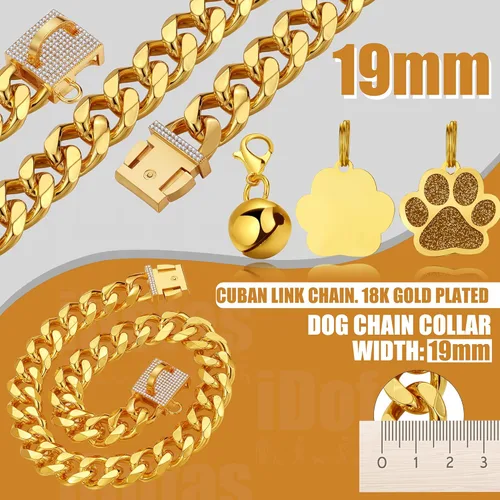 Miniatura 3 de Collar de cadena para perro, collar de lujo para perro, dorado con hebilla de circonita cúbica de 0.748 in, cadena de eslabones cubanos de metal