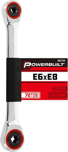 Miniatura 5 de Powerbuilt Llave E-Star E6/E8 de doble extremo de caja de trinquete, oscilación de 5 grados, 72 dientes, anillo de color rojo, herramienta de mano