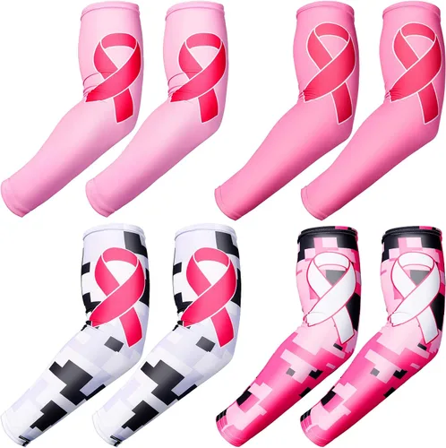 Geyoga 4 pares de mangas de concientización sobre el cáncer de mama, mangas de compresión de enfriamiento con cinta rosa, protección UV (colores