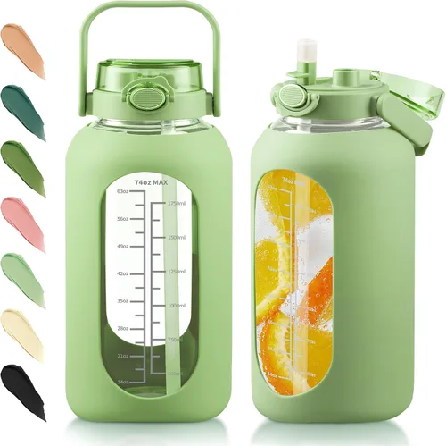 Miniatura 7 de Botella de agua de vidrio de 74 onzas con tapa de popote 2 en 1, botella de agua de galón grande con marcador de tiempo y funda de silicona