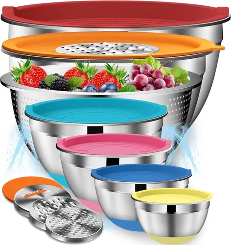 Miniatura 11 de DUTZUN Juego de tazones para mezclar con tapas, cuencos de acero inoxidable con colador, colador con juego de tazones para mezclar, utensilios