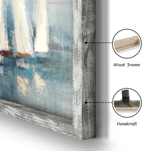 Miniatura 2 de Pintura enmarcada de paisaje marino: arte abstracto del océano, imagen costera, impresiones de veleros en madera en estilo moderno para decoración