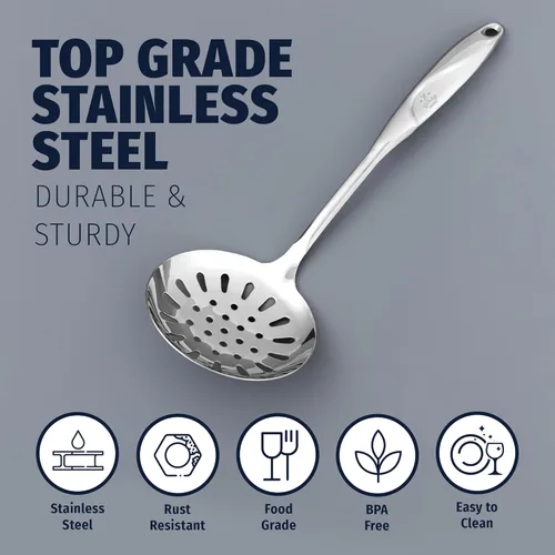 Miniatura 5 de Zulay Kitchen Cuchara Ranurada de Acero Inoxidable - 14.5” Gran Cuchara de Freír y Escumador para Drenar y Servir - Utensilio de Cocina Resistente