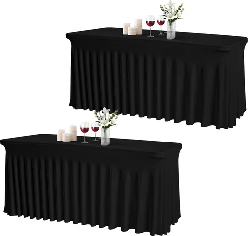 Miniatura 9 de JCJ Faldón de mesa para mesas rectangulares, manteles negros ajustados de spandex para mesas de 4 pies, faldones de mesa elásticos con volantes