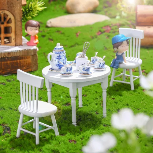 Miniatura 6 de Zhanmai Juego de 47 tazas de té de porcelana en miniatura, ollas y sartenes de metal incluyen 16 mini platos de muñeca, cuchillo tenedor, cuchara