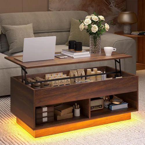 Miniatura 12 de HOMMPA - Mesa de café con tapa elevable de 40" con almacenamiento, mesa de centro LED moderna de alto brillo para sala de estar, mesa de té moderna