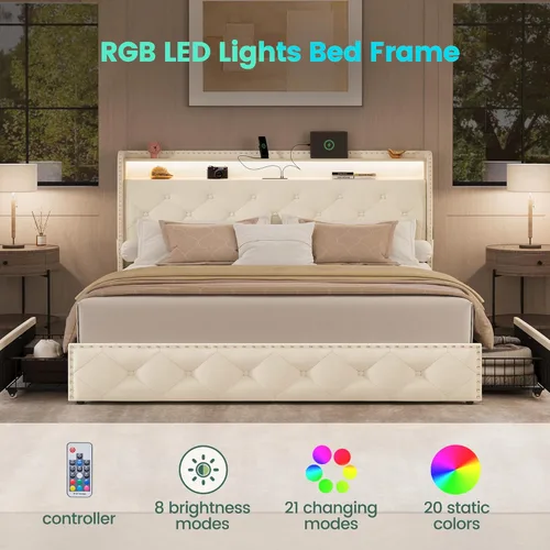 Miniatura 3 de LARMACE Base de cama tamaño Queen con 4 cajones de almacenamiento y estación de carga, marco de cama tapizado de terciopelo con cabecera LED, sin