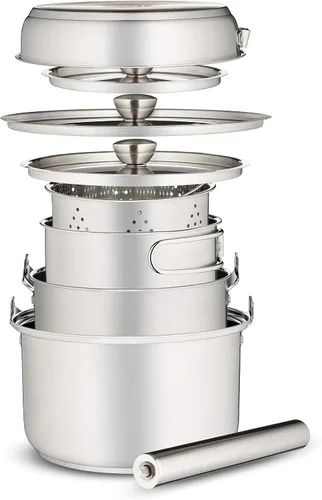Miniatura 2 de Juego de utensilios de cocina de acero inoxidable 304 de 8 piezas para ollas y sartenes, kit de cocina de fuego abierto Sartén vaporera con bolsa