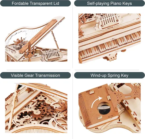 Miniatura 10 de ROKR Rompecabezas de madera 3D para adultos, 223 piezas, kit de modelo de piano a escala 1:20, rompecabezas de construcción, caja de música