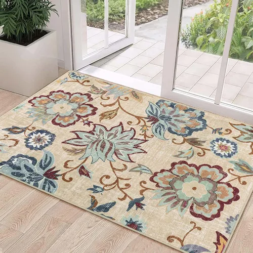 Miniatura 11 de Beeiva Alfombras florales de entrada, lavables para interiores, ultra fina, de 2 x 3 pies, antideslizante, para cocina, tapete de cachemira suave