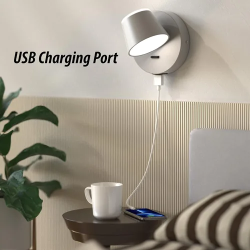 Miniatura 5 de URSOLA Juego de dos lámparas de pared, apliques de pared LED con interruptor de encendido/apagado, puerto de carga USB, 110 voltios, lámpara de Gris