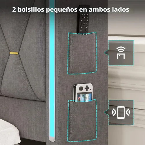 Miniatura 3 de busyaeh Base de cama Queen con cabecera de almacenamiento, marco de cama de metal con luces LED y estación de carga, cama Queen tapizada