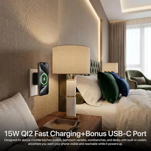Miniatura 6 de Qi2 - Cargador inalámbrico de salida de pared, cargador magnético de teléfono compatible con MagSafe de 15 W con puerto USB-C, diseño inalámbrico