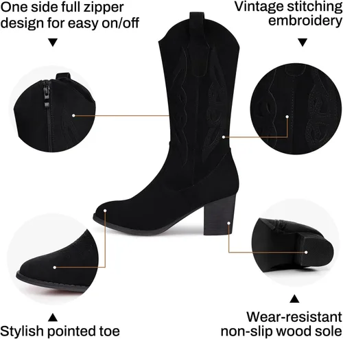 Miniatura 5 de SHIBEVER Botas vaqueras para mujer 2025 botas vaqueras a media pantorrilla con bordado occidental de tacón alto y punta puntiaguda