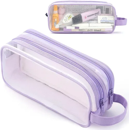 Miniatura 8 de Estuche grande de malla de malla con 2 compartimentos, bolsa transparente para lápices con cremallera, bolsa de papelería transparente multifunción