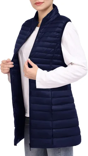 Miniatura 8 de ELFJOY Chaleco largo acolchado para mujer, chaleco de plumón largo ultraligero con cuello alto, chalecos negros para mujer, ropa de abrigo