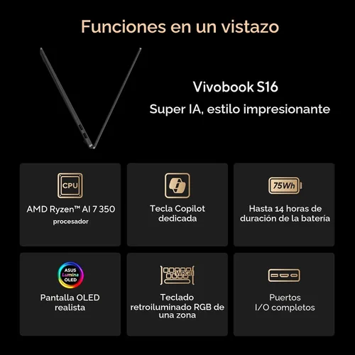 Miniatura 3 de ASUS Vivobook S16 Laptop, PC Copilot+, AMD Ryzen AI 7 350 con XDNA NPU, 16GB de memoria, SSD de 1TB, Negro Neutral, M5606KA-DS76