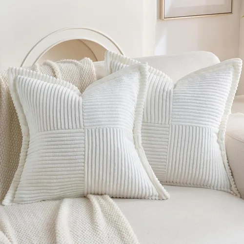 Miniatura 23 de HAUSSY Paquete de 2 fundas de almohada de 22 x 22 pulgadas, fundas decorativas de pana suave, estilo bohemio a rayas sólidas, fundas de cojín
