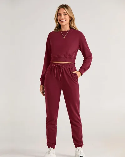 Miniatura 50 de BTFBM Conjunto deportivo de 2 piezas para mujer, camiseta corta de manga larga, sin botones, pantalón con cordón ajustable, pantalones deportivos
