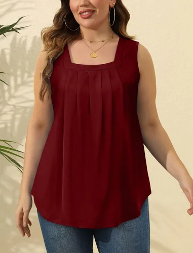 Miniatura 175 de Saloogoe - Camisetas sin mangas veraniegas para mujeres, plisadas con cuello cuadrado y dobladillo curvado, blusas de ajuste holgado con movimiento