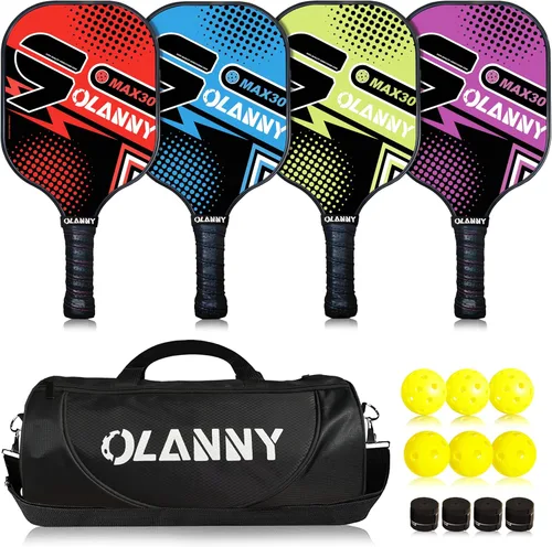 OLANNY Juego de paletas de pickleball de grafito, raquetas de primera calidad, cara de fibra y polímero de núcleo de panal de abeja, incluye paletas