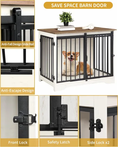 Miniatura 6 de Hzuaneri Mueble de jaula para perros de 31.9 pulgadas con puerta de granero, perrera resistente para interiores con 2 puertas, mesa auxiliar