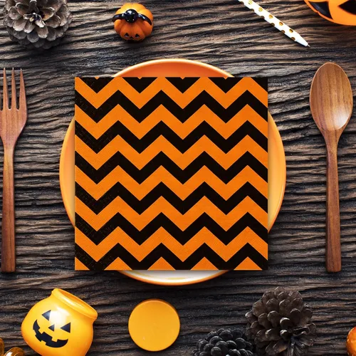 Miniatura 6 de Whaline Servilletas de papel de Halloween de 6.5 pulgadas de color naranja y negro a rayas onduladas con lunares, servilletas geométricas