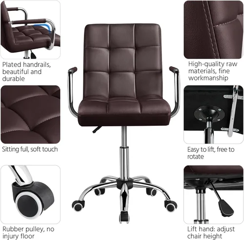 Miniatura 4 de Yaheetech Silla de Escritorio de Tareas de Cuero PU con Respaldo Medio, Silla Giratoria Moderna y Ajustable para Oficina en Casa con Ruedas Suaves
