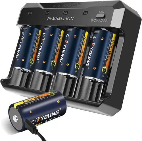 Baterías recargables C, 4 paquetes de 1.5 voltios de tamaño C de litio USB de 5500 mWh con cargador de batería universal para todas las baterías AA
