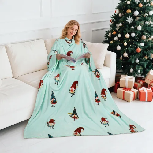 Miniatura 2 de Catalonia Manta con estampado navideño con mangas y bolsillo, acogedora manta de forro polar suave de visón, manta de microfelpa para mujeres y Elfo