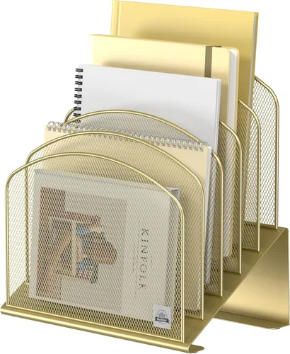 Miniatura 21 de Delifox Organizador de escritorio inclinado, soporte de archivos de 5 secciones con bandeja vertical para carpetas, estante de metal clasificador