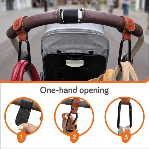 Miniatura 5 de Baby Uma Ganchos para cochecito para bolsas (paquete de 2) – Clips y ganchos estilo cuero para cochecito, accesorios antideslizantes para cochecito