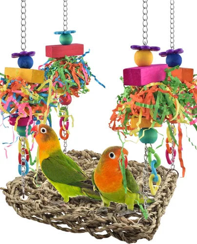 KATUMO Conure Toys, tapete de columpio de hierba de pájaro con juguetes coloridos para periquito, cacatúa, conura solar, agapornito, periquito,