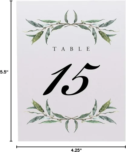 Miniatura 5 de Corona de laurel y números de mesa de boda, 1-10, doble cara, tienda de campaña o uso en un soporte, ideal para fiestas y restaurantes, fabricado