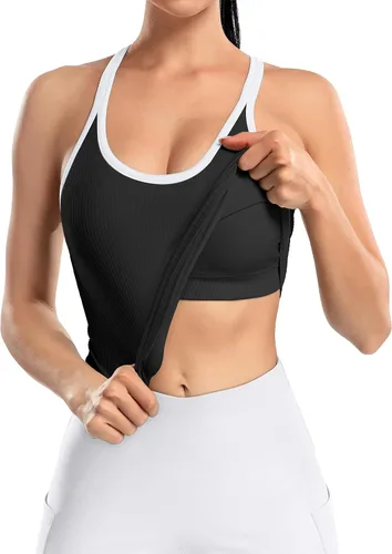 Miniatura 103 de ATTRACO Camiseta corta acanalada de entrenamiento para mujer con brasier integrado para yoga, espalda cruzada, ajuste ajustado