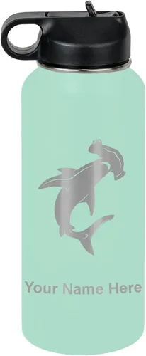 Miniatura 66 de LaserGram Botella de agua personalizada, tiburón martillo, acero inoxidable de doble pared aislada al vacío con popote superior, regalo grabado