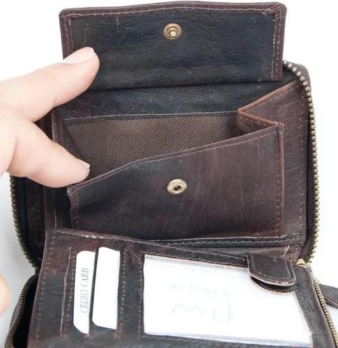 Miniatura 7 de FLW Cartera grande de piel auténtica duradera con cremallera marrón oscuro, Marrón oscuro, Cartera triple