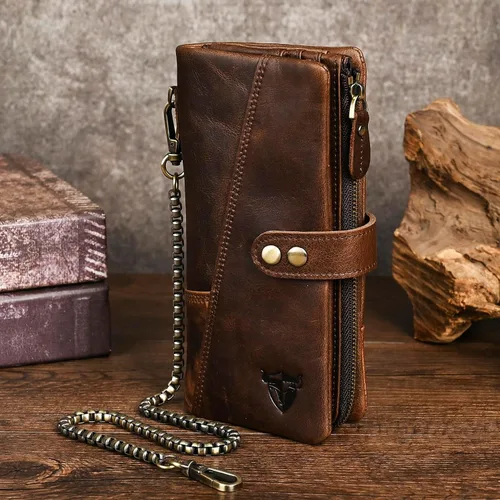 Miniatura 4 de Genuino Caballo Loco Cuero Regalo de Viaje Moneda Bolsillo Tarjetero Organizador Largo Cadena Rfid Cartera Monedero Con Broche Para Hombres Hombres
