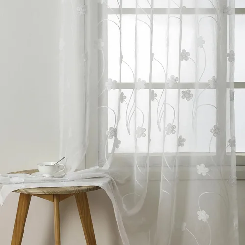 Miniatura 11 de VOGOL Cortinas transparentes con patrón de hojas bordadas, paneles de ventana blancos con ribete de encaje para sala de estar y dormitorio, cortinas