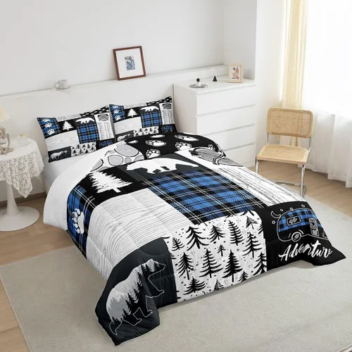 Miniatura 47 de Juego de edredón de cuernos de ciervo tamaño individual, juego de ropa de cama rústica de granja con huellas de oso y pinos para decoración