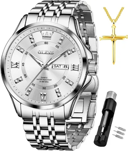 Miniatura 14 de OLEVS - Relojes de diamantes para hombres, relojes de vestir a prueba de agua, relojes analógicos de cuarzo de lujo con calendario de fecha y correa