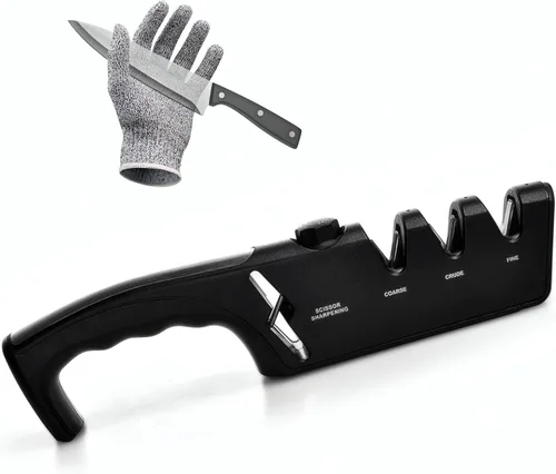 Afilador de cuchillos profesional de 4 etapas de 10 a 35 grados, ajustable de 5 ángulos, con guante resistente a cortes, con ranura para tijeras,