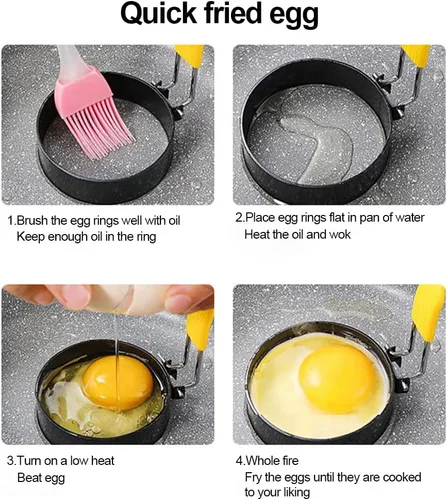 Miniatura 6 de Paquete de 4 anillos de huevo, herramienta de acero inoxidable antiadherentes para freír huevos con asas plegables y cepillo de aceite para cocinar