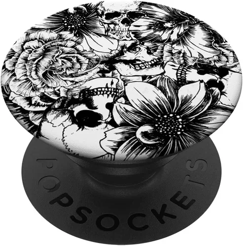 PopSockets de calaveras florales en blanco y negro intercambiable PopGrip