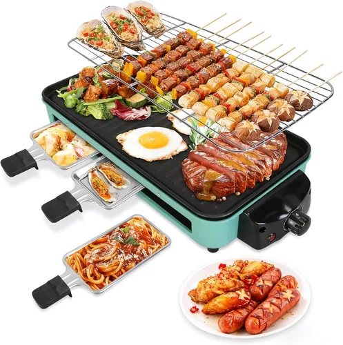 Parrilla eléctrica para interiores, 2 en 1 de 1500 W con red y placa extraíble antiadherente, 5 controles de temperatura, 3 sartenes de queso