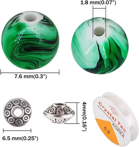 Miniatura 2 de MIIIM 500 cuentas con patrón de tinta acrílica, rosario de 0.315 pulgadas con 50 espaciadores plateados antiguos, remolinos de mármol verde
